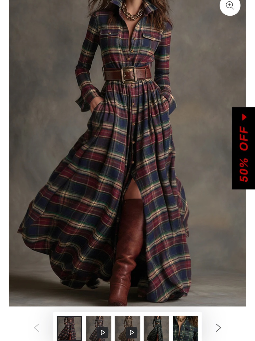 Plaid Long-Sleeve Shirt Dress — Burgundy Multi